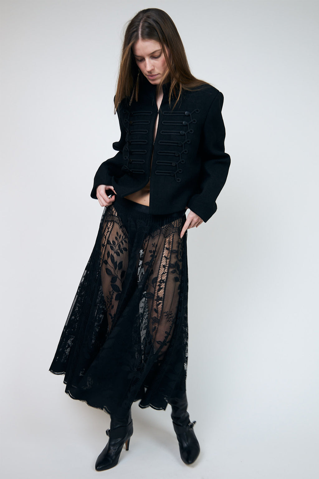 Lollys Laundry JeromeLL Black Military Braid Blazer 26425-6021, styled front view with the jacket open