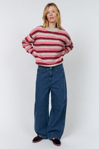 Lollys Laundry MacieLL Pink Stripe Knit Jumper 26413-5024, front full length on model with wide leg denim