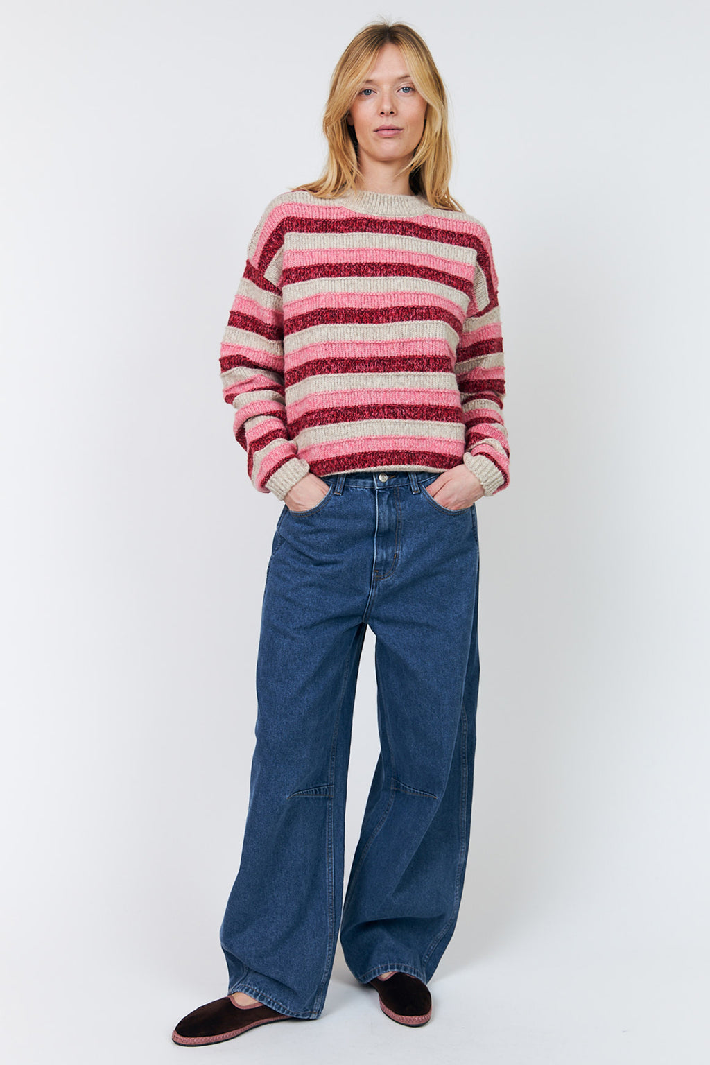 Lollys Laundry MacieLL Pink Stripe Knit Jumper 26413-5024, full length front view with hands in pockets