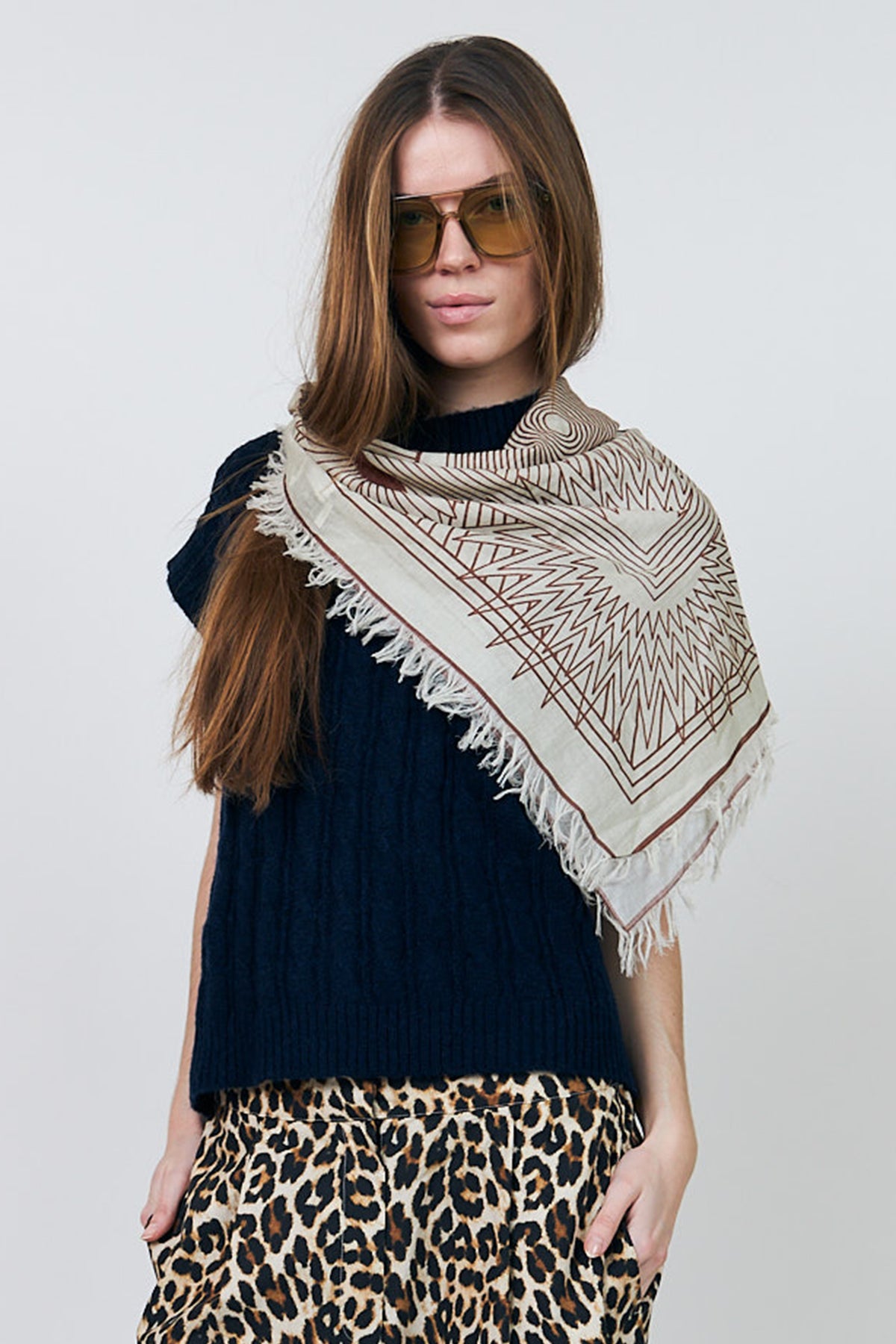 Lollys Laundry NoorLL Brown Print Fringed Scarf 70074-00046, cropped view worn as a shawl