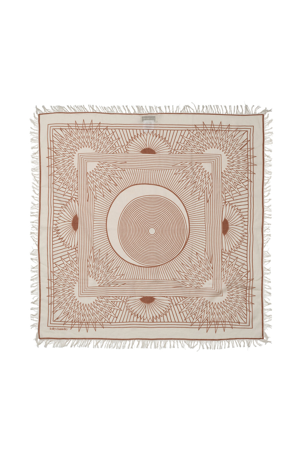 Lollys Laundry NoorLL Brown Print Fringed Scarf 70074-00046, flat packshot showing the full square and border print