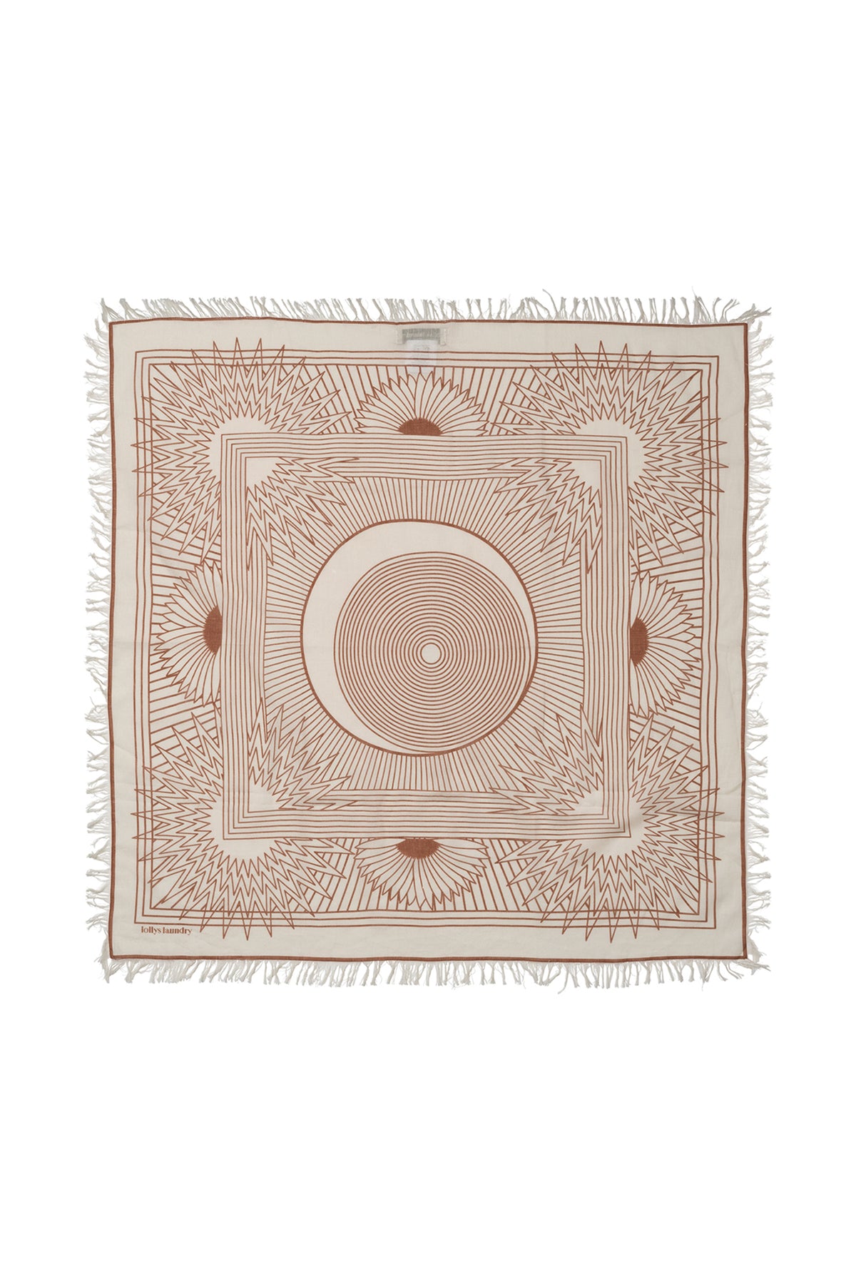 Lollys Laundry NoorLL Brown Print Fringed Scarf 70074-00046, flat packshot showing the full square and border print