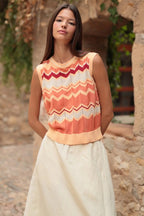 Luna Llena Brill Orange Knit Geometric Sleeveless Top MI13