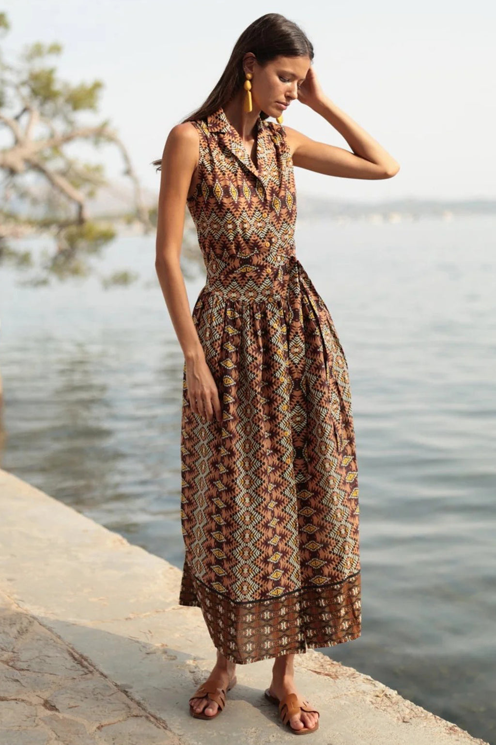 Luna Llena Ethnic Brown Print Long Cotton Midi-Maxi Dress PE810
