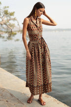 Luna Llena Ethnic Brown Print Long Cotton Midi-Maxi Dress PE810