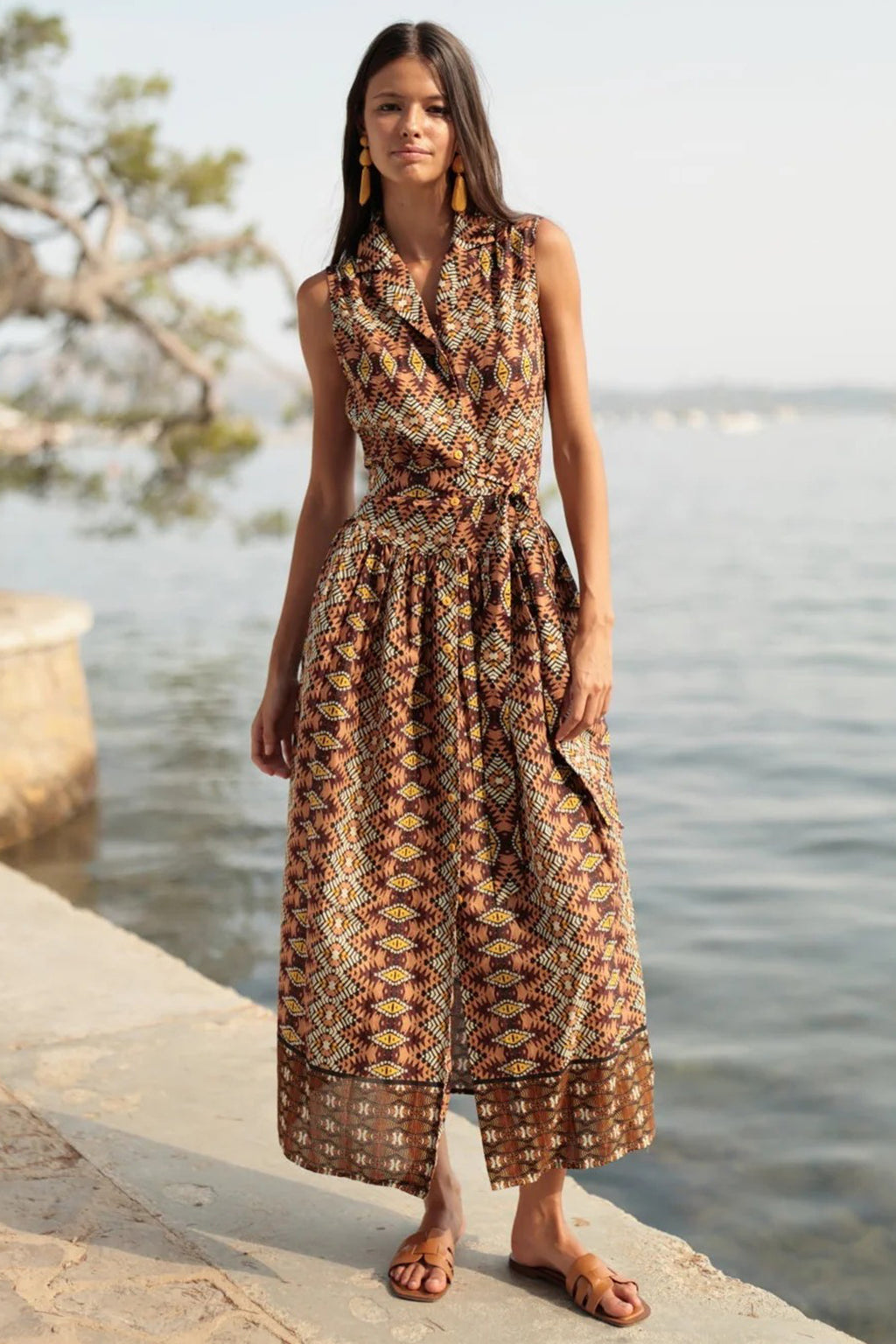 Luna Llena Ethnic Brown Print Long Cotton Midi-Maxi Dress PE810