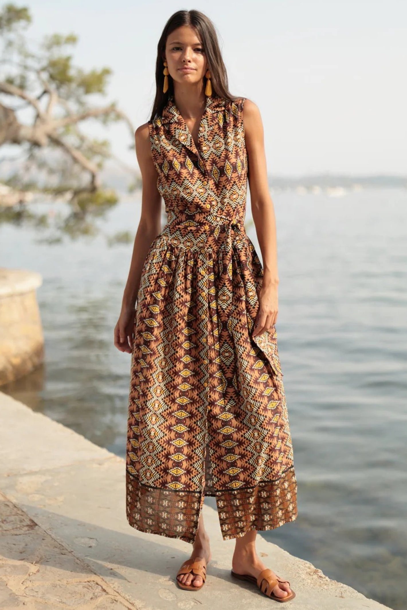 Luna Llena Ethnic Brown Print Long Cotton Midi-Maxi Dress PE810