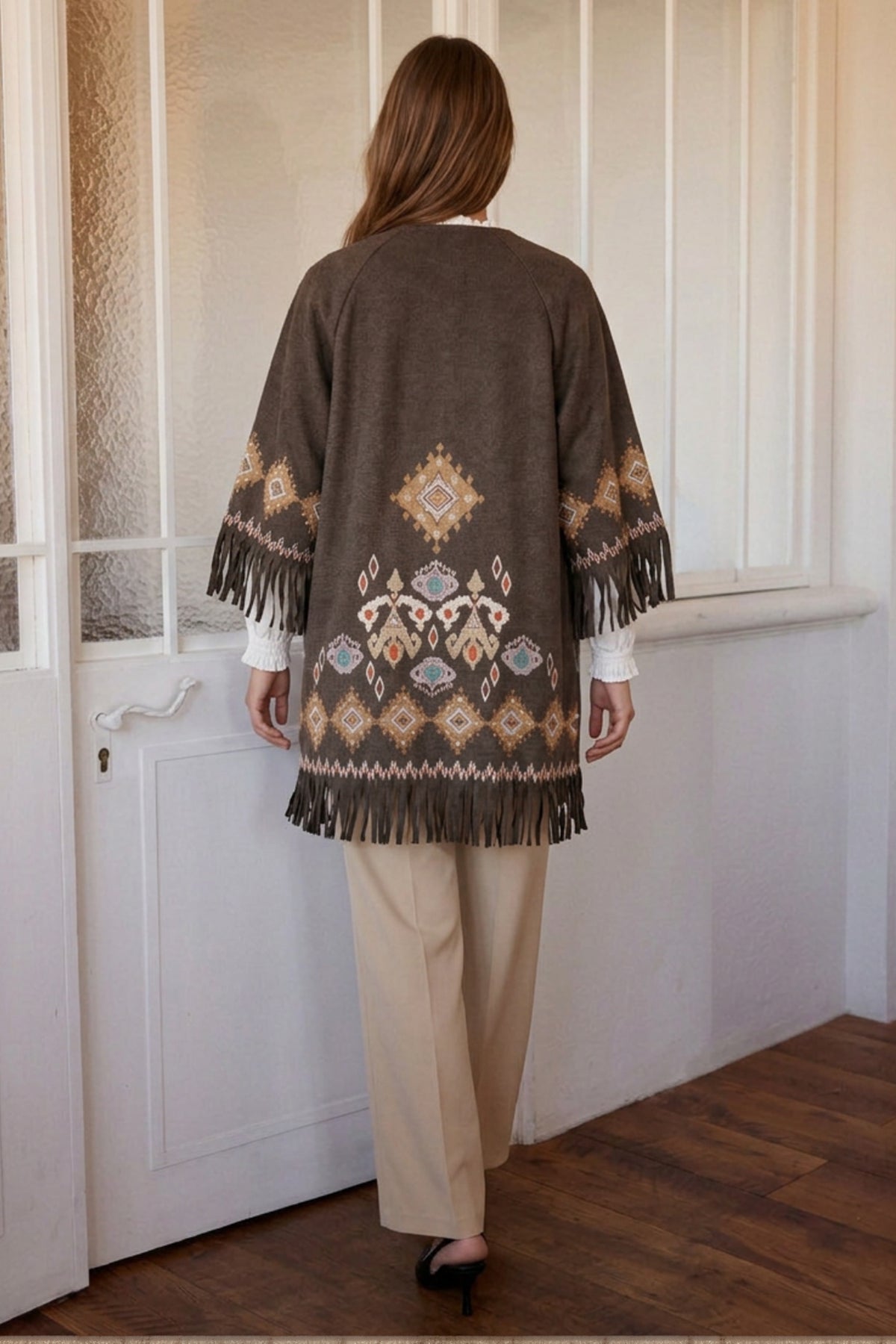 Luna Llena Liv Brown Jacket BF550, back view showing the embroidered panel