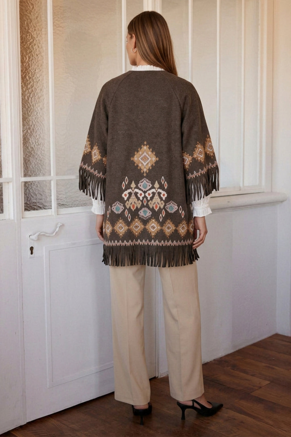 Luna Llena Liv Brown Jacket BF550, back view with fringed hem