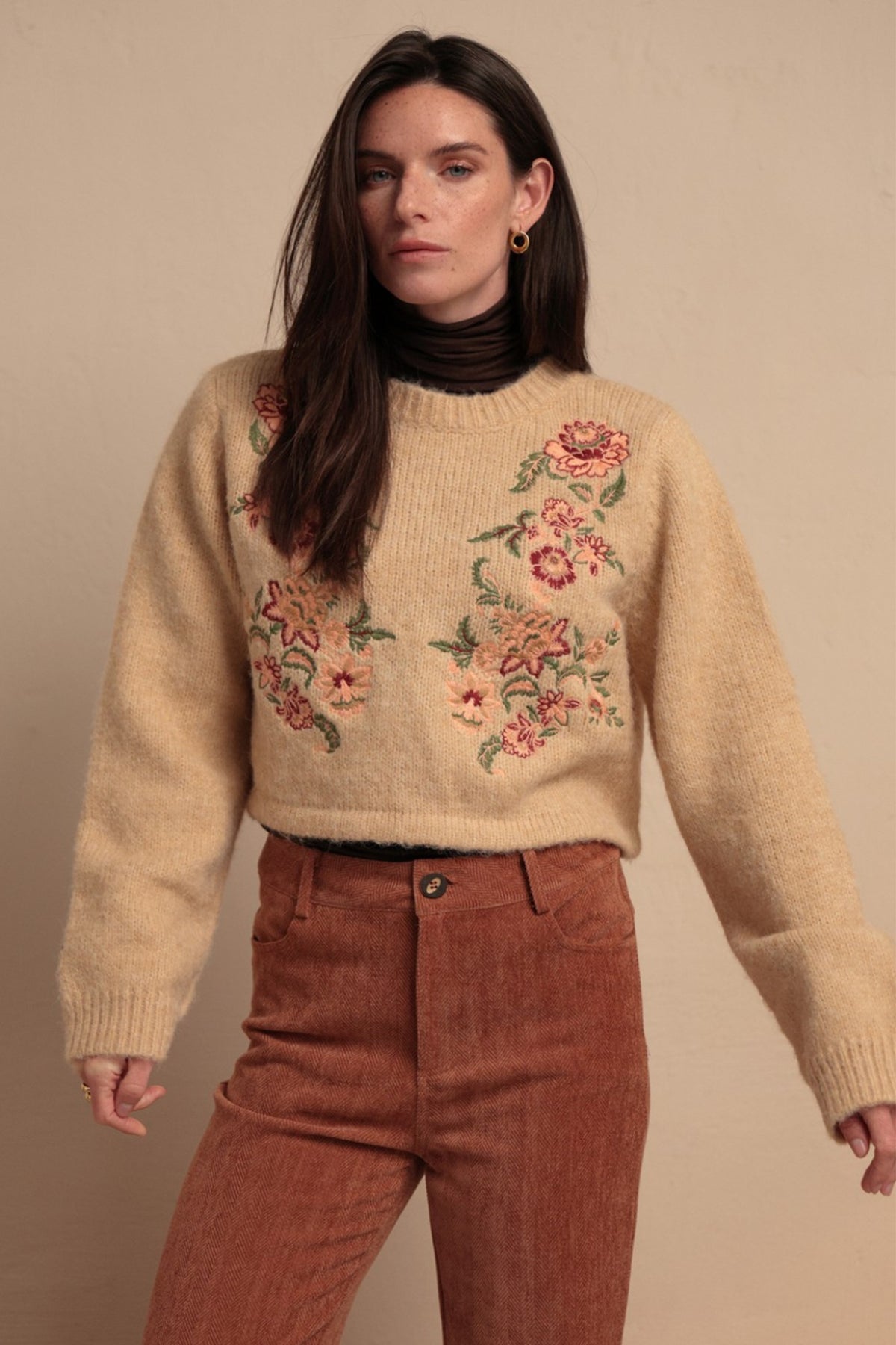 Luna Llena Maeve Coral Orange Flared Trousers TR312, styled with an embroidered jumper