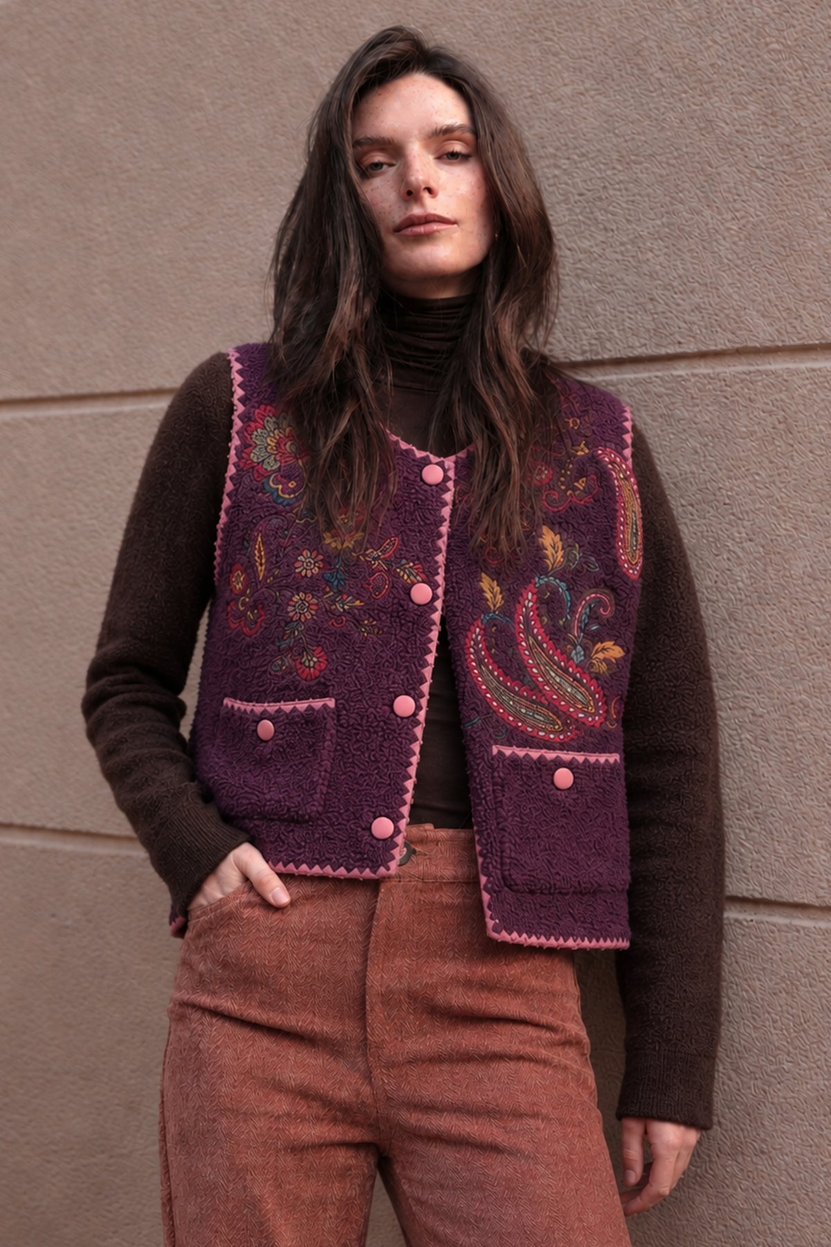 Luna Llena Olivia Mauve Purple Sleeveless Jacket TD801, front view over a brown roll neck