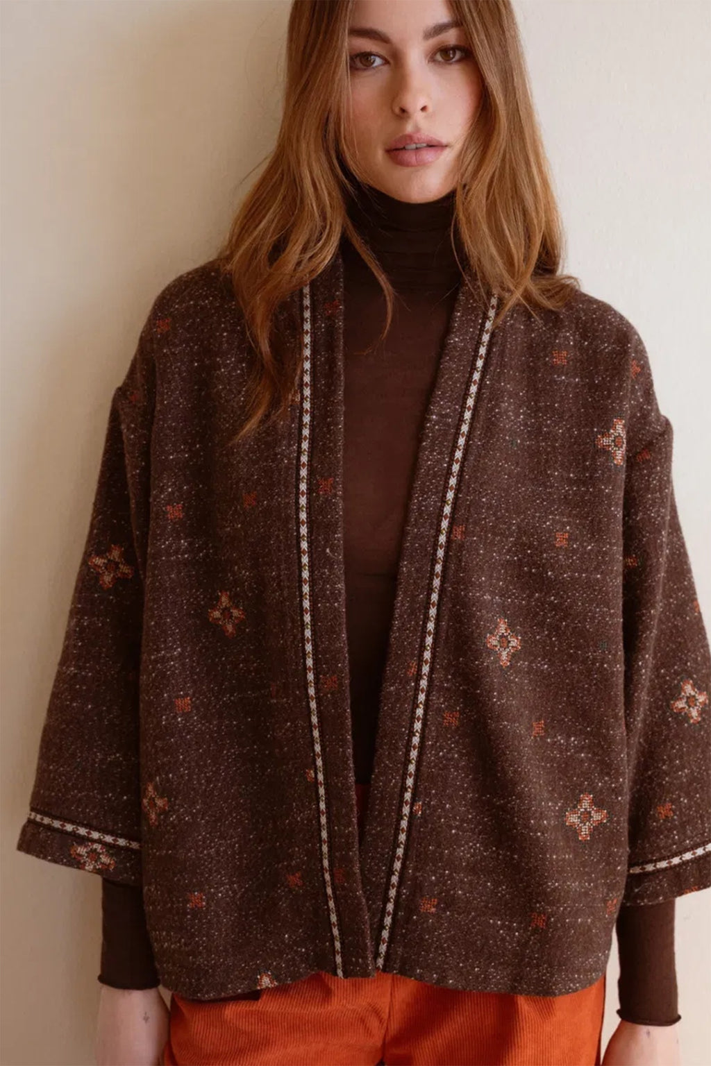 Luna Llena Pandora Brown Kimono KN82, front view worn open