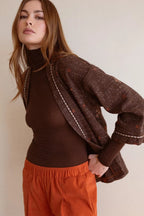 Luna Llena Pandora Brown Kimono KN82, three-quarter view over a roll neck