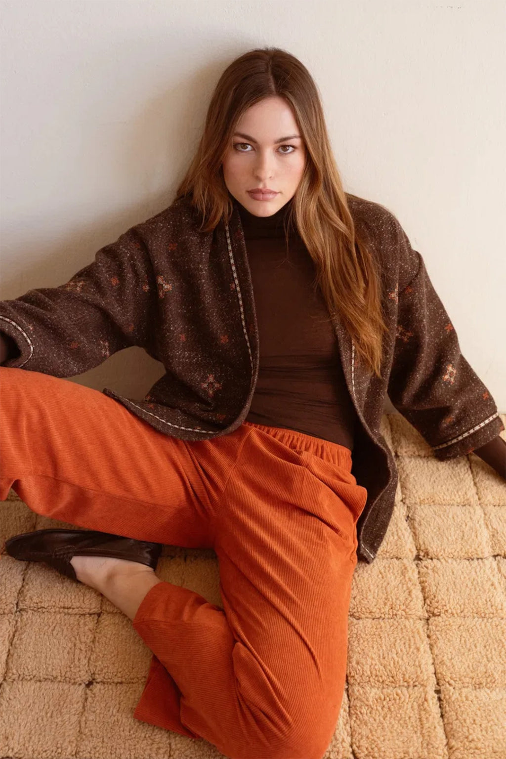 Luna Llena Pandora Brown Kimono KN82, styled seated with orange trousers