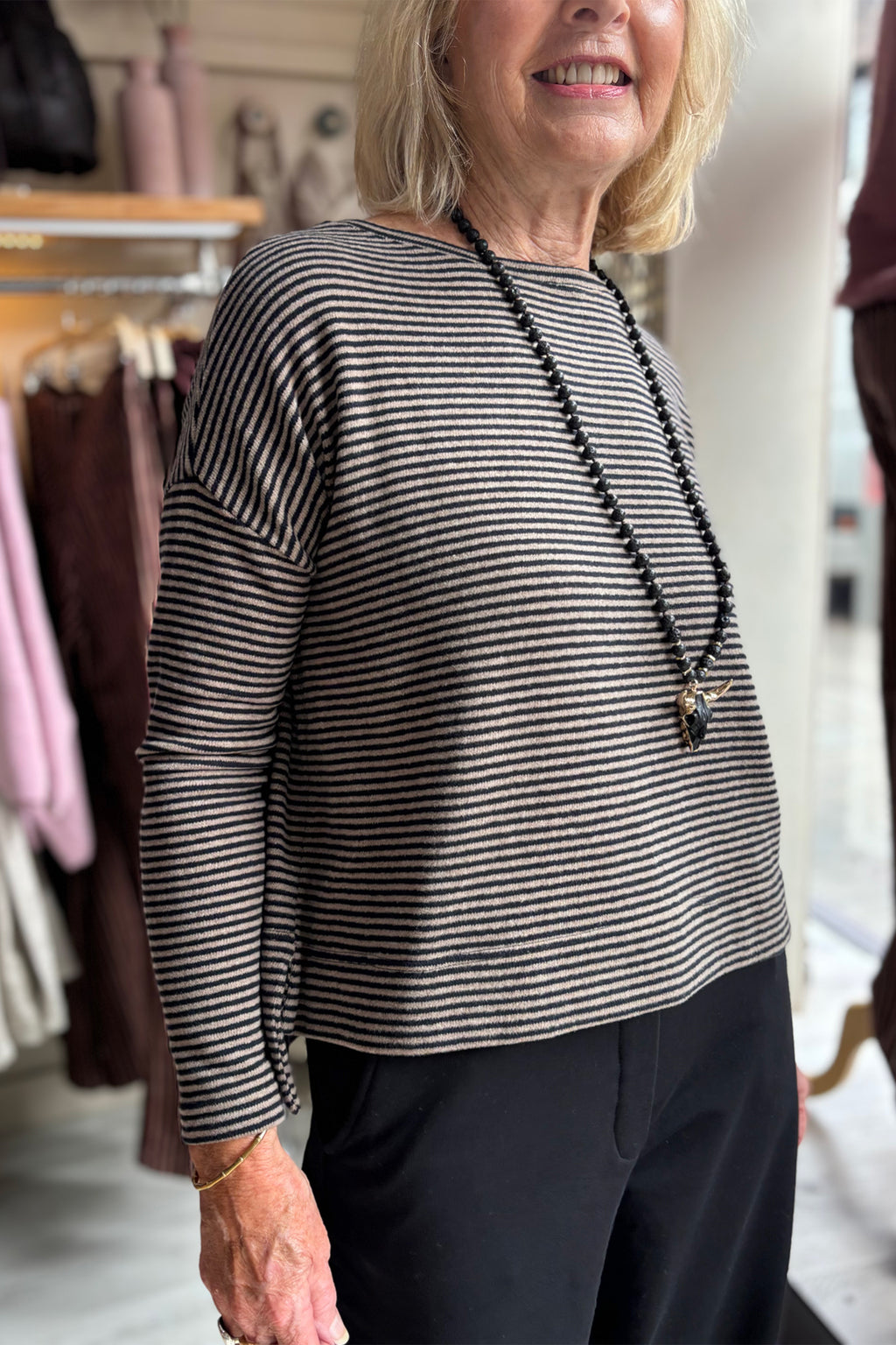 Mama B Alison Riga Alpaca 17235 Grey Thin Stripe Jumper, three-quarter view