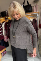 Mama B Alison Riga Alpaca 17235 Grey Thin Stripe Jumper, side split hem detail