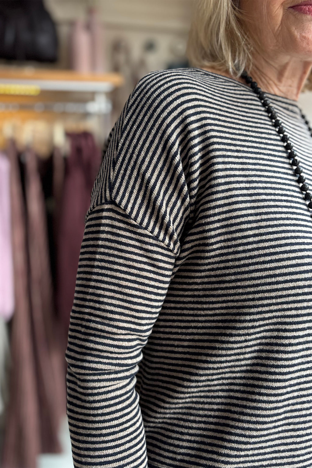 Mama B Alison Riga Alpaca 17235 Grey Thin Stripe Jumper, sleeve and stripe detail
