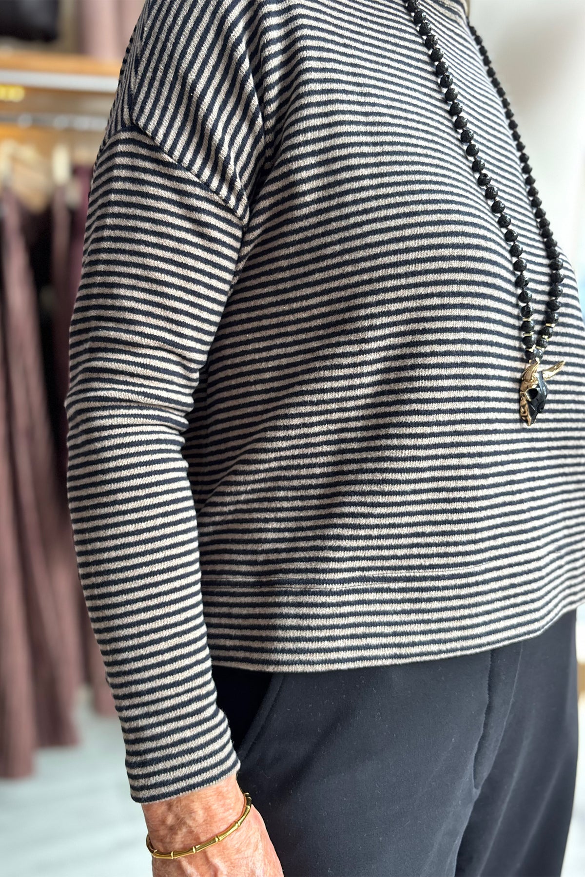 Mama B Alison Riga Alpaca 17235 Grey Thin Stripe Jumper, dropped shoulder detail