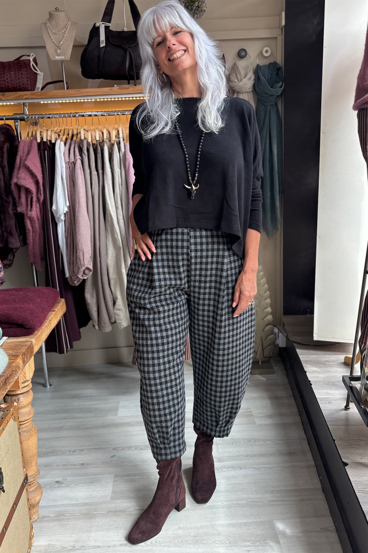 Mama B Bianco JQ 33847 Grigio Grey Large Check Trousers, full length