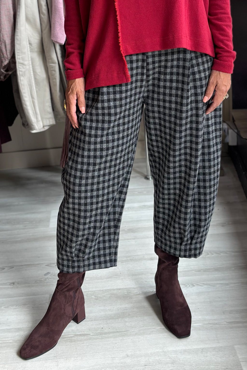 Mama B Bianco JQ 33847 Grigio Grey Large Check Trousers, styled with a red jumper