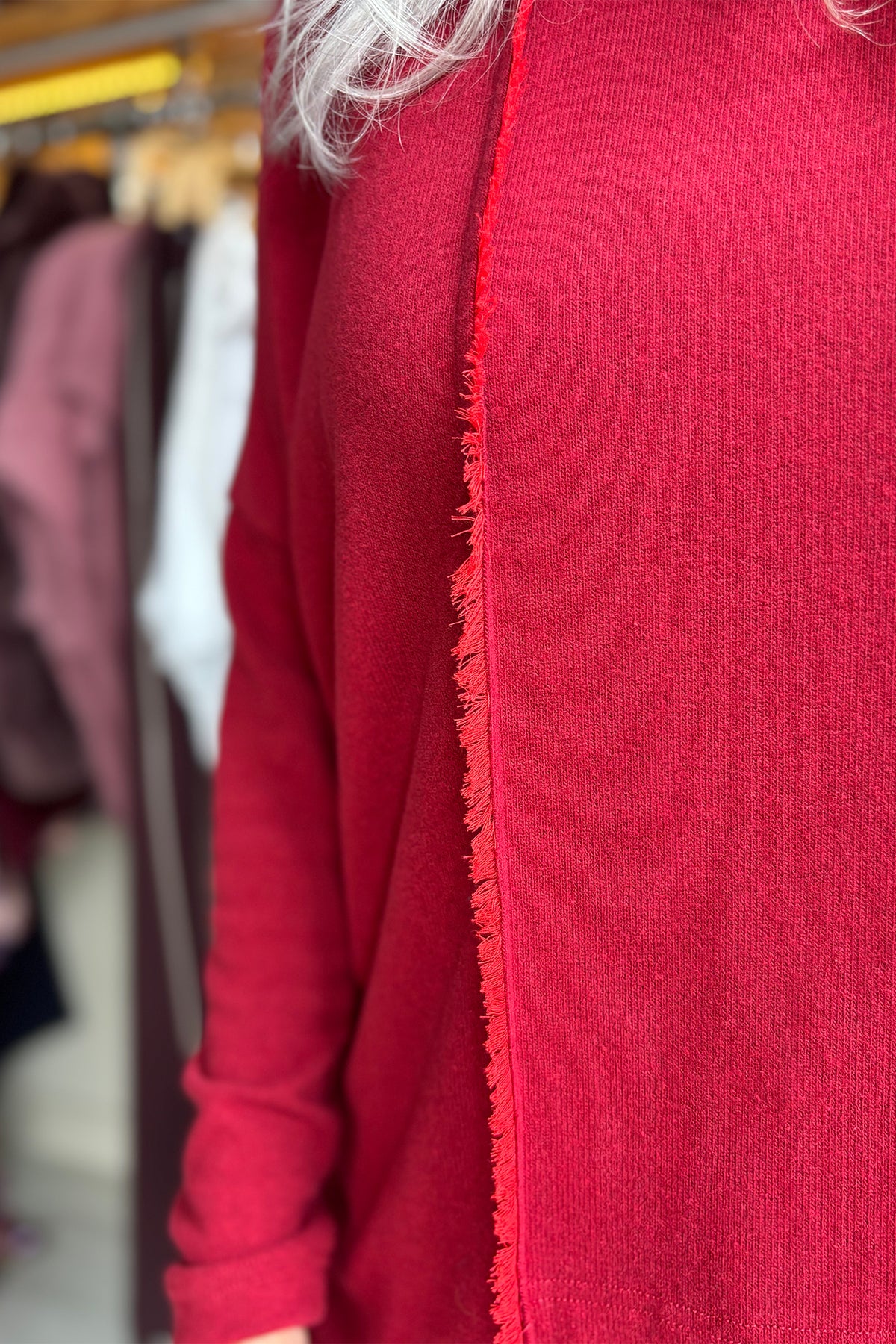 Mama B Charlotte Scuro Red Jumper 17237, raw frayed seam detail