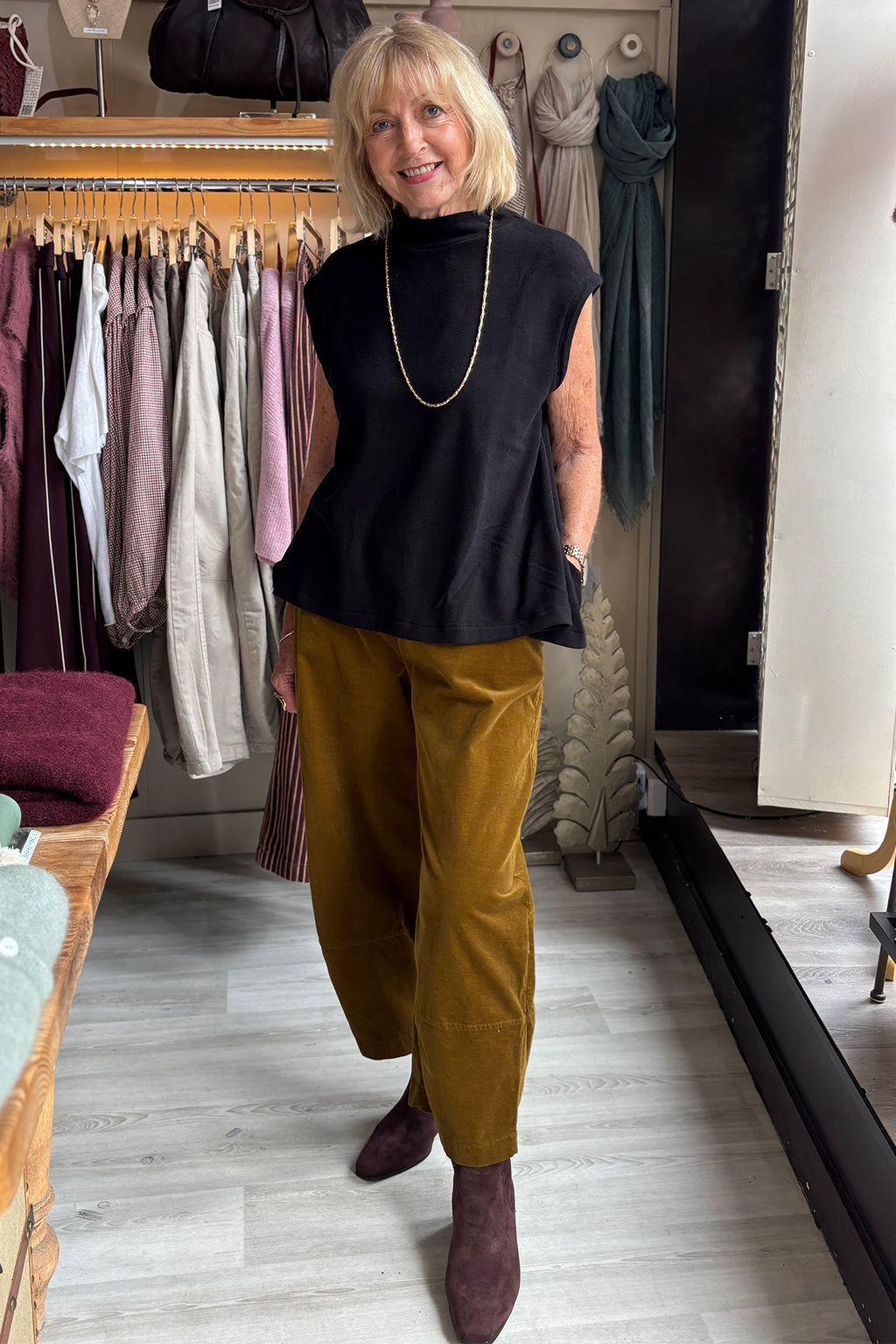 Mama B Elva Nero Black Gilet Jumper 17237, full length styled with cord trousers
