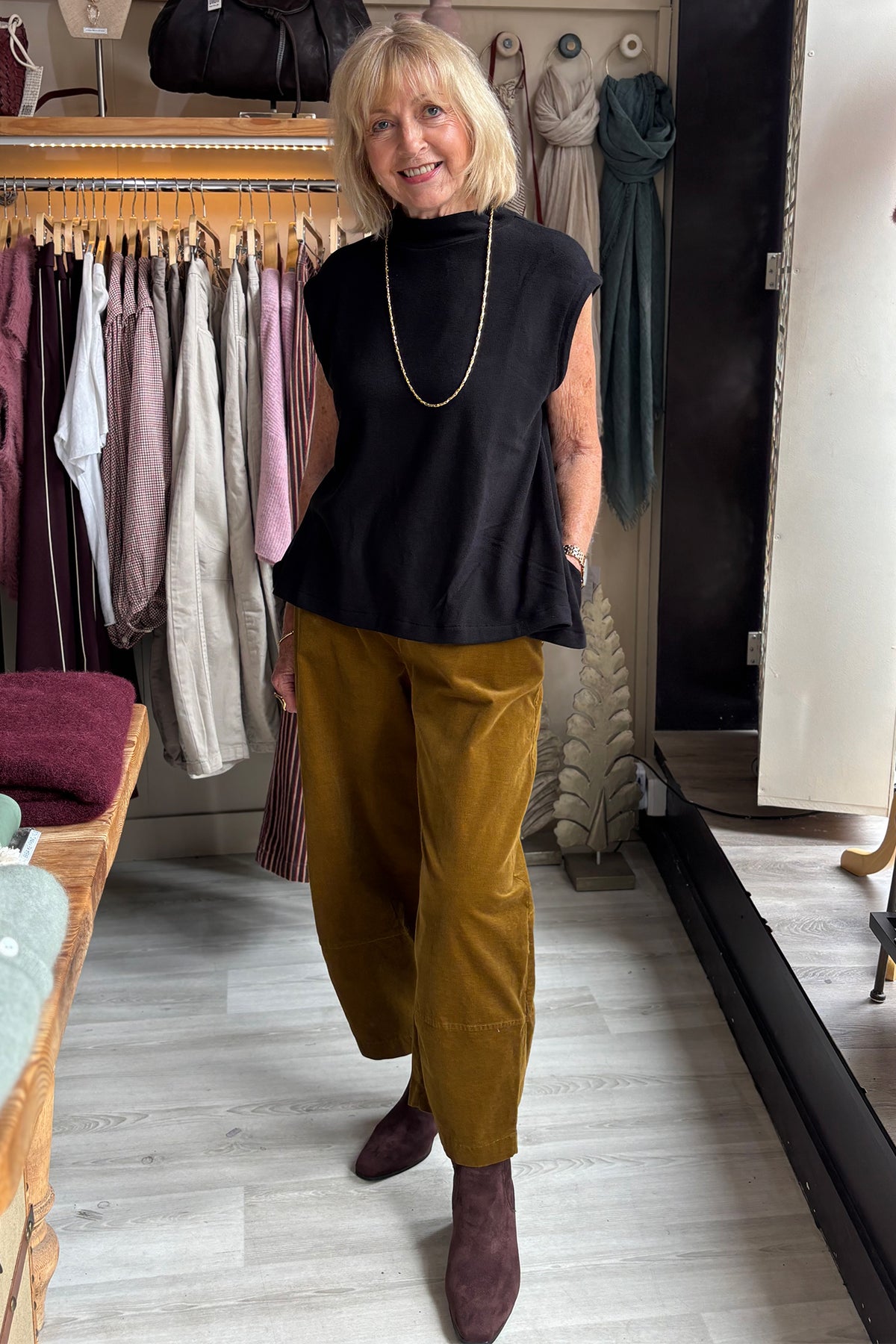Mama B Elva Nero Black Gilet Jumper 17237, full length styled with cord trousers