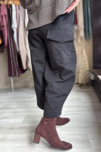Mama B Mira TKARI Nero Black Trousers, side view with flap pocket detail