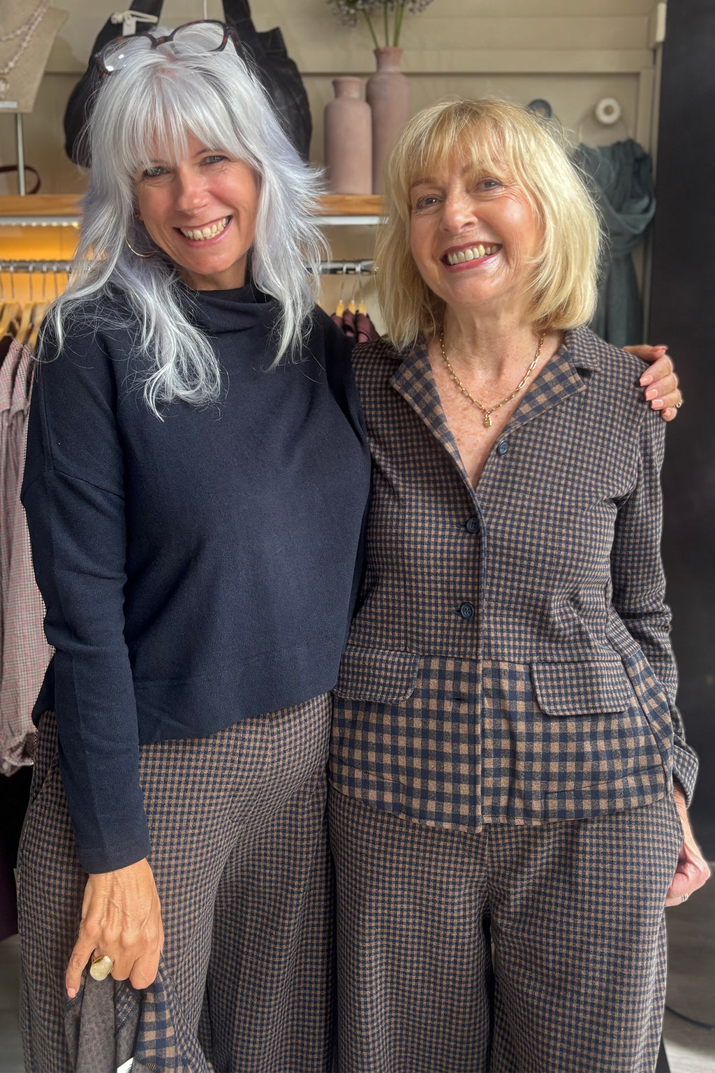 Mama B Moyet Notte Navy Jumper 17237, styled with the Yasmin check jacket