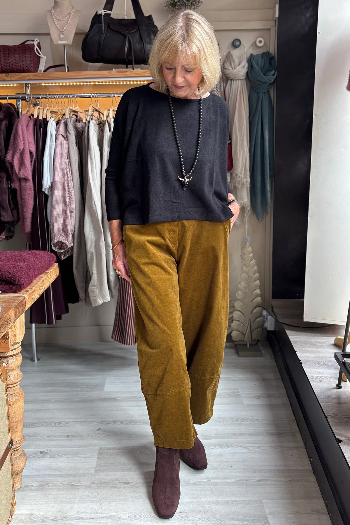 Mama B Rima V Caramello Yellow TVELL Trousers, full length styled with a black knit