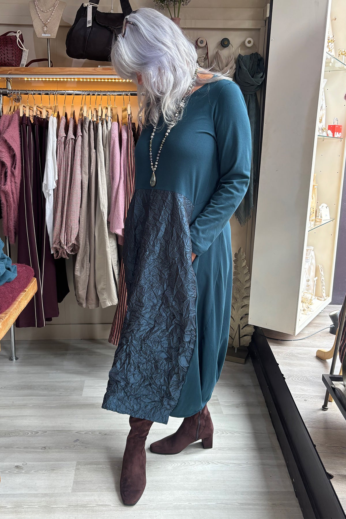 Mama B Tua Atlantic Blue Dress, side view showing the balloon hem