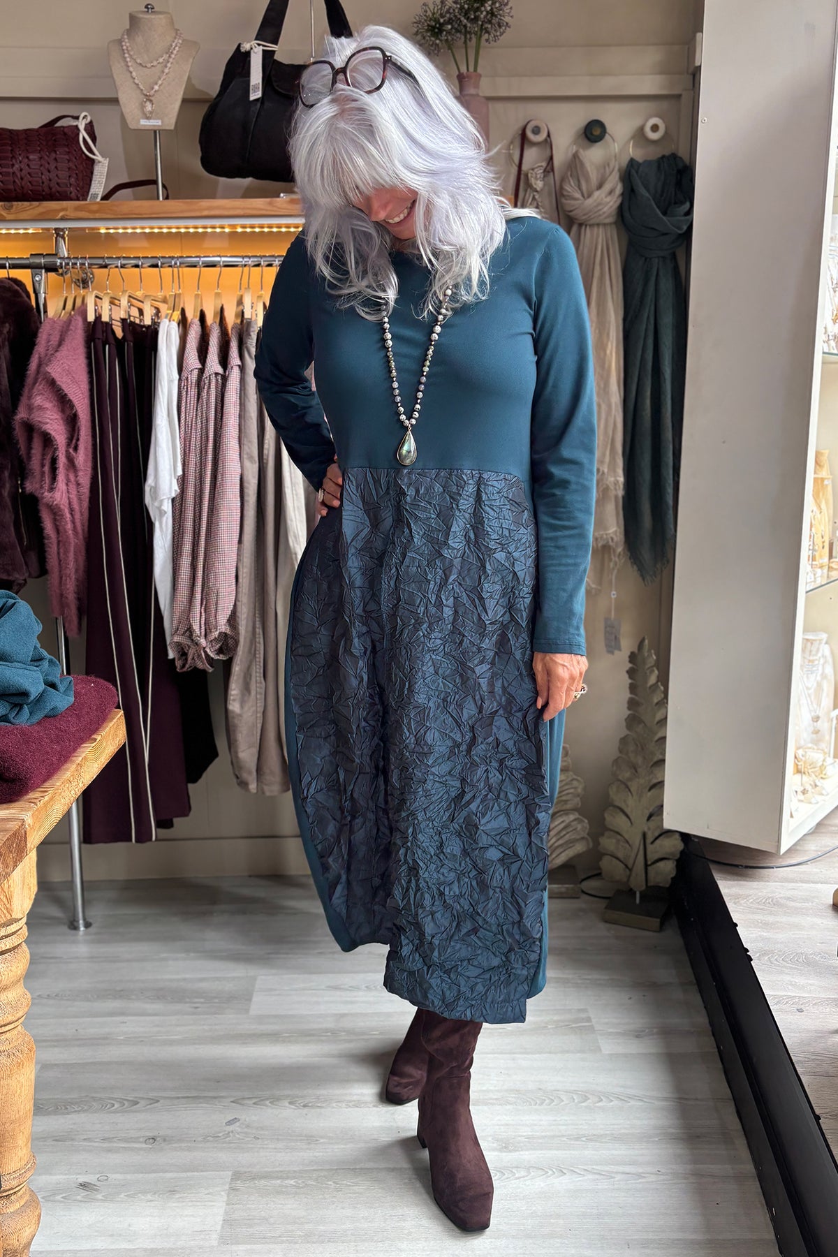 Mama B Tua Atlantic Blue Dress, full length showing the pocket and skirt seam