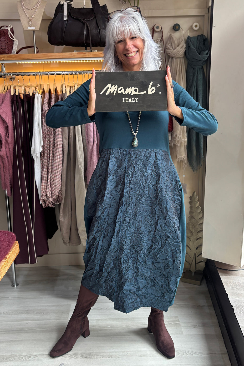 Mama B Tua Atlantic Blue Dress, styled in the Salisbury boutique