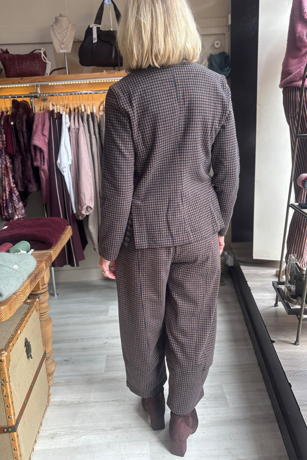 Mama B Yasmin Notte Brown Small Check 33846 Jacket, full length back view