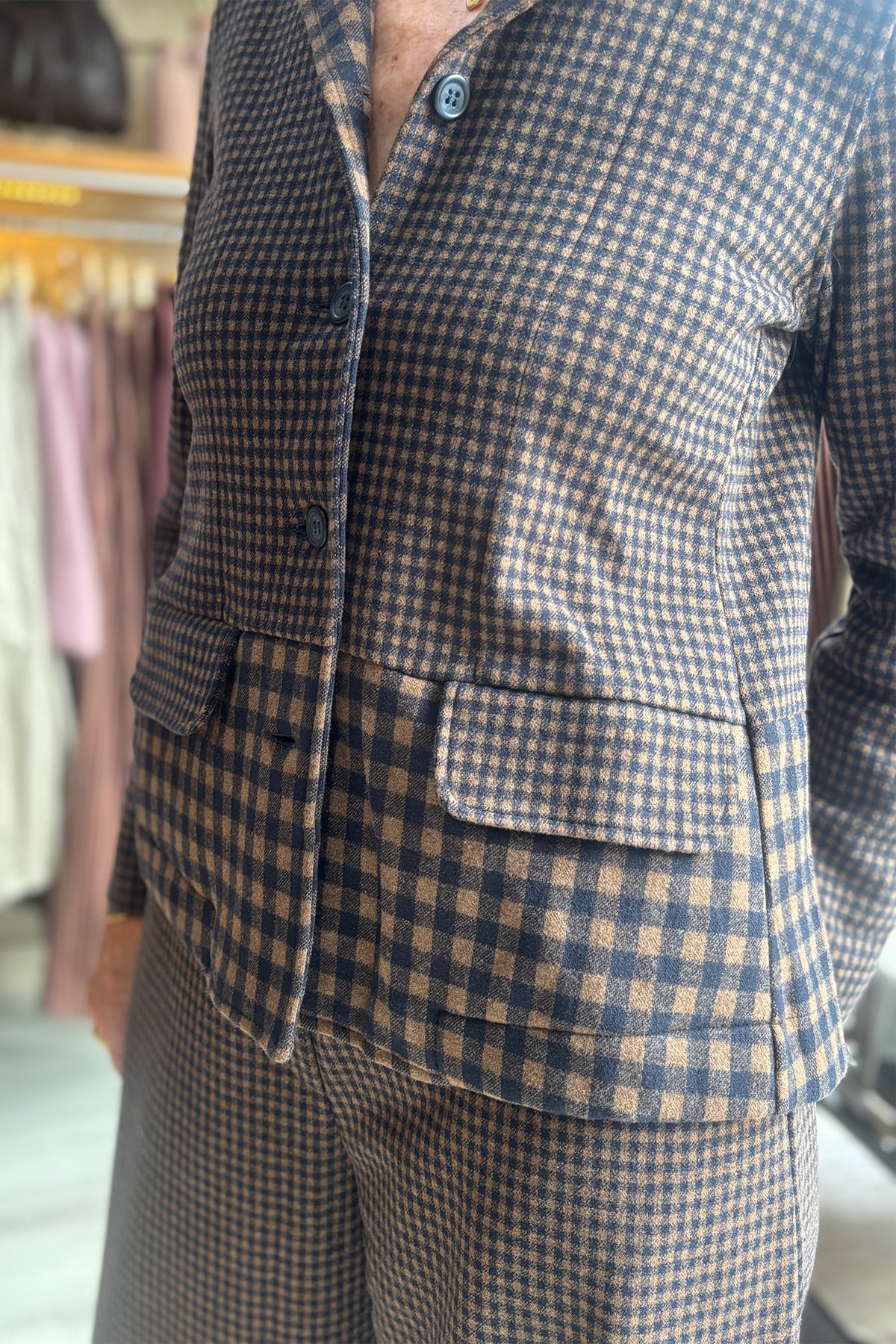 Mama B Yasmin Notte Brown Small Check 33846 Jacket, flap pocket and button detail