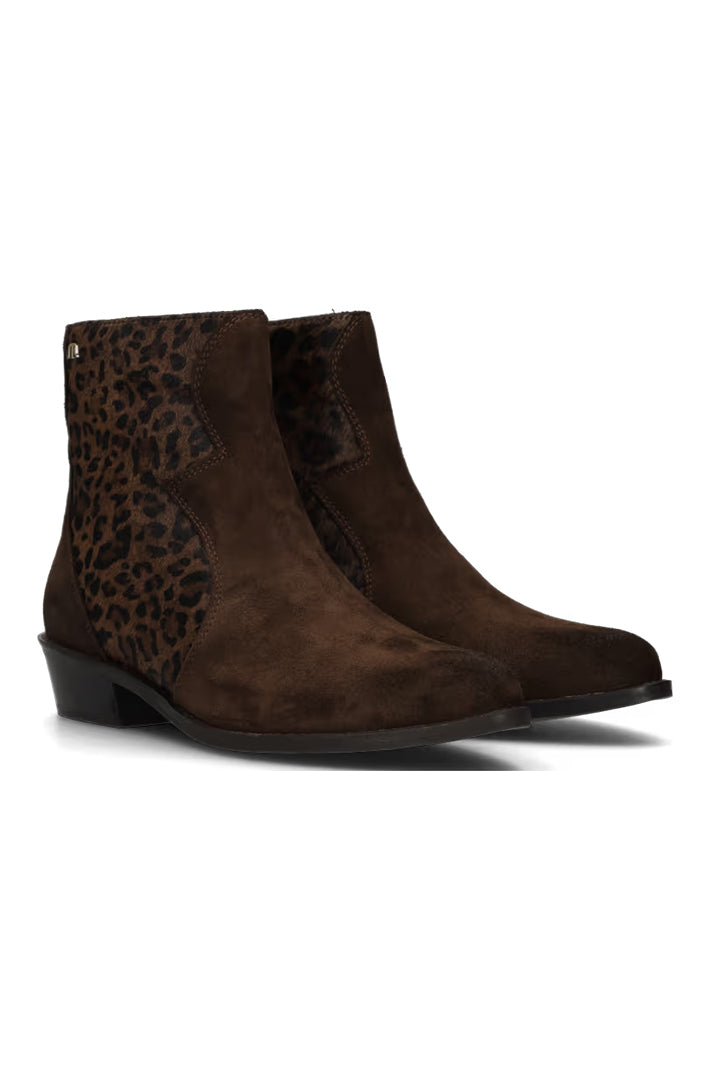 Maruti Gavi Dark Brown Leopard Suede Ankle Boots 66.1942.01, front view of pair
