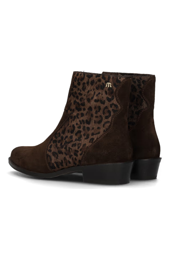 Maruti Gavi Dark Brown Leopard Suede Ankle Boots 66.1942.01, back view of pair