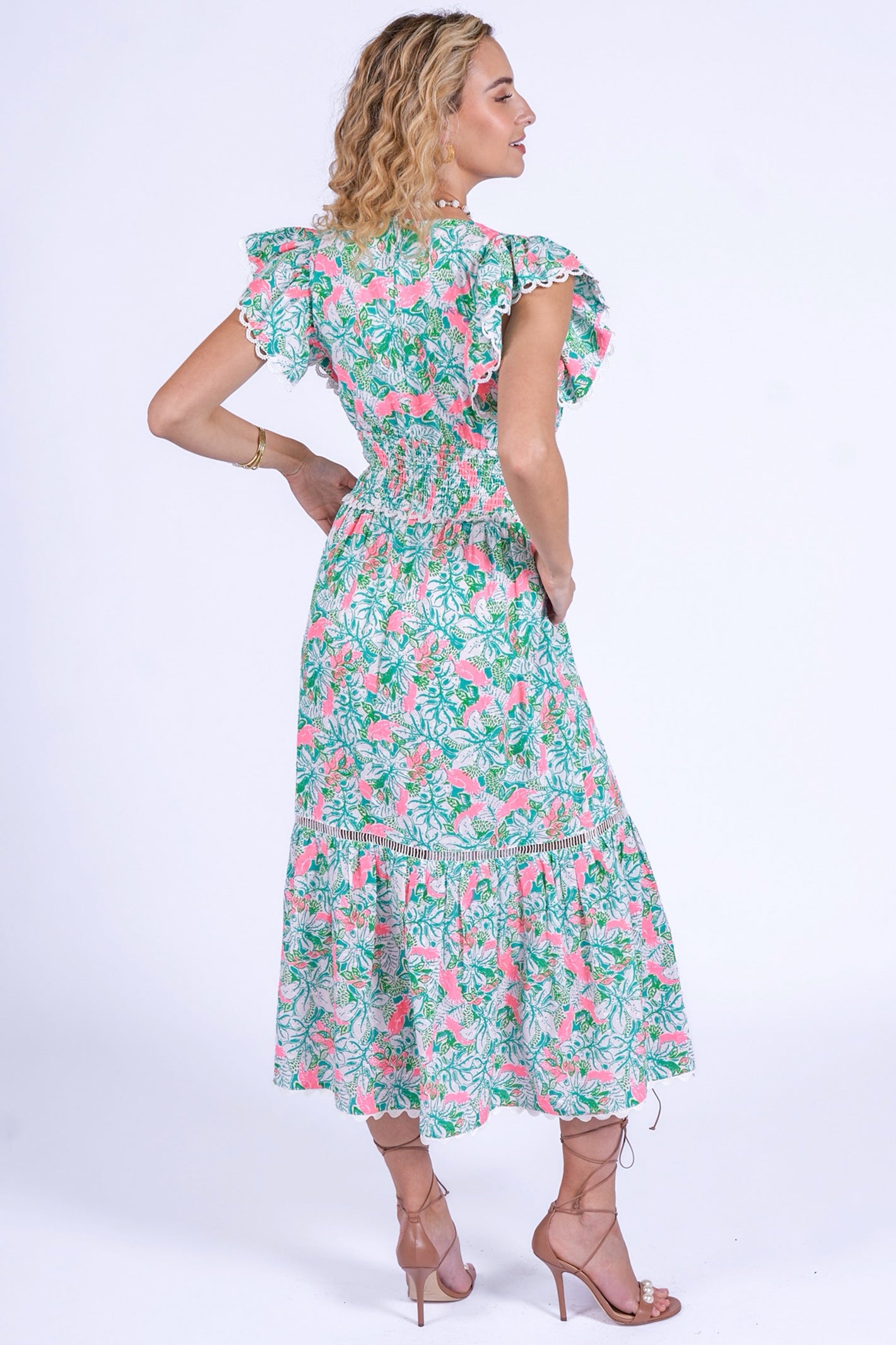 New Day Originals Misha Pink Parrot Shirred Waist Cotton Dress