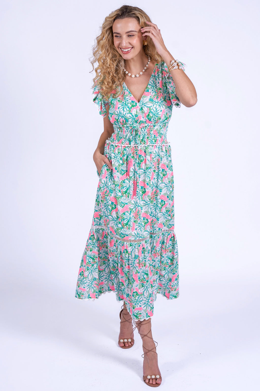 New Day Originals Misha Pink Parrot Shirred Waist Cotton Dress