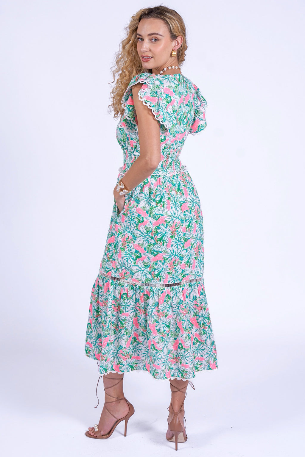 New Day Originals Misha Pink Parrot Shirred Waist Cotton Dress