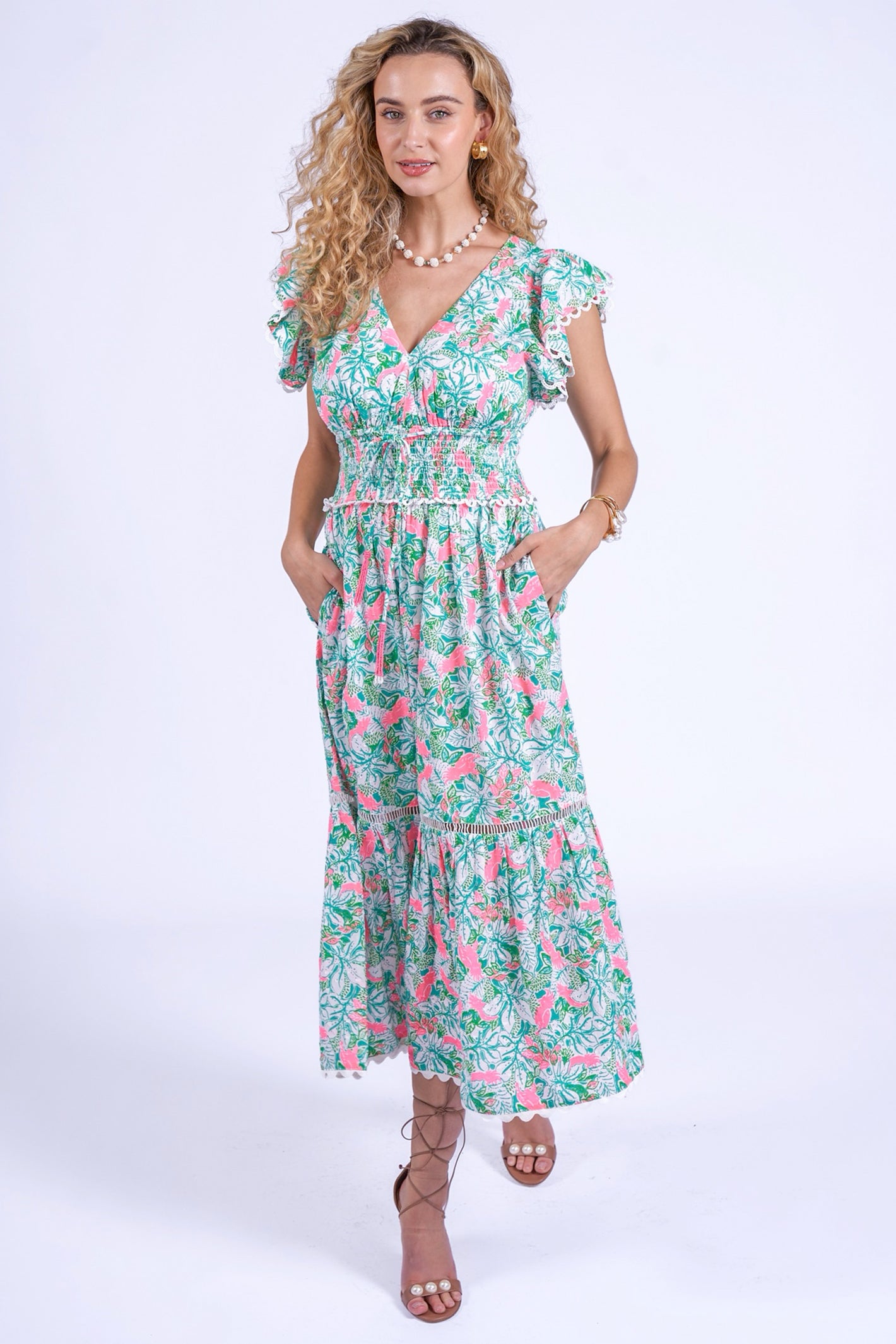 New Day Originals Misha Pink Parrot Shirred Waist Cotton Dress