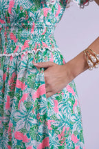 New Day Originals Misha Pink Parrot Shirred Waist Cotton Dress