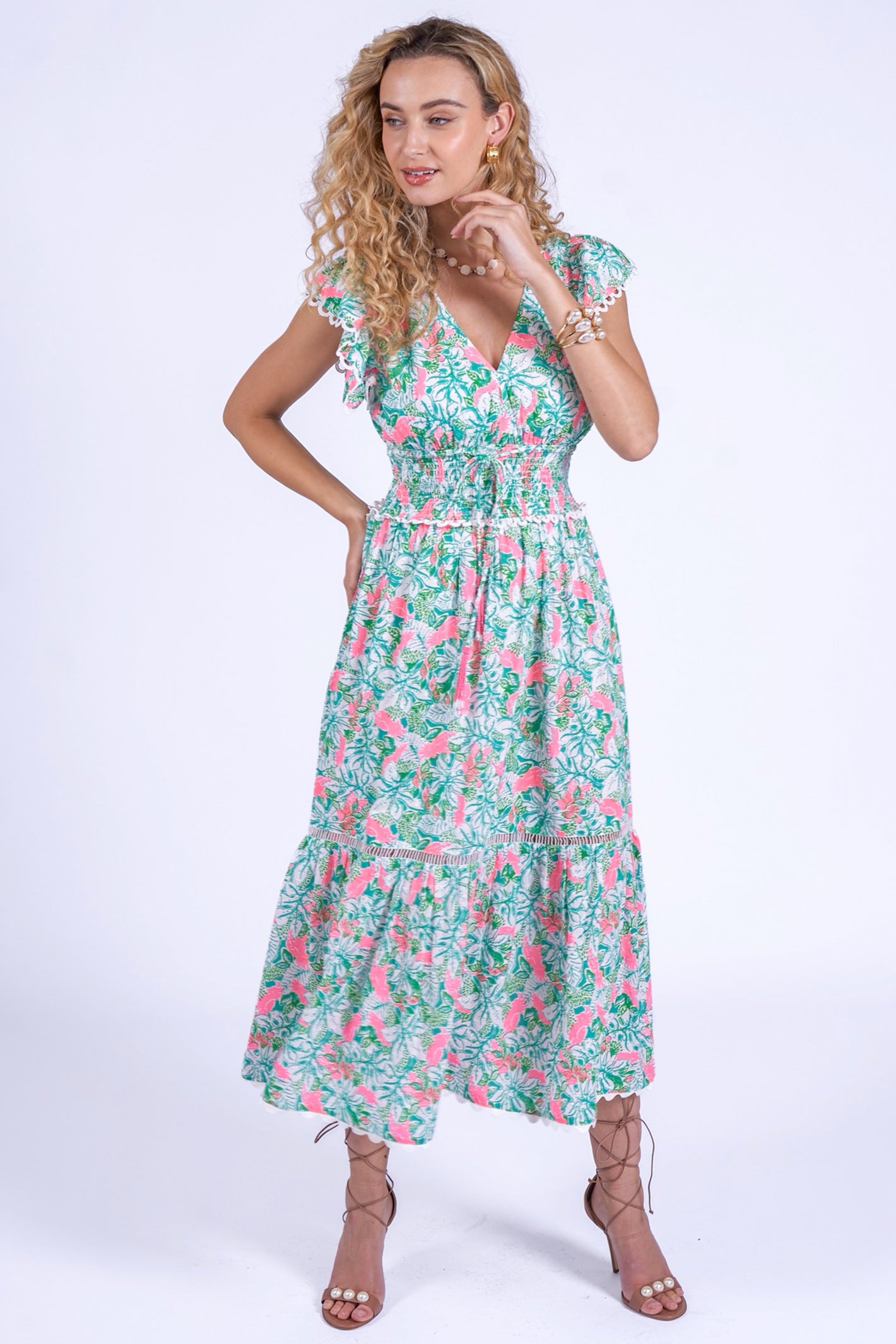 New Day Originals Misha Pink Parrot Shirred Waist Cotton Dress