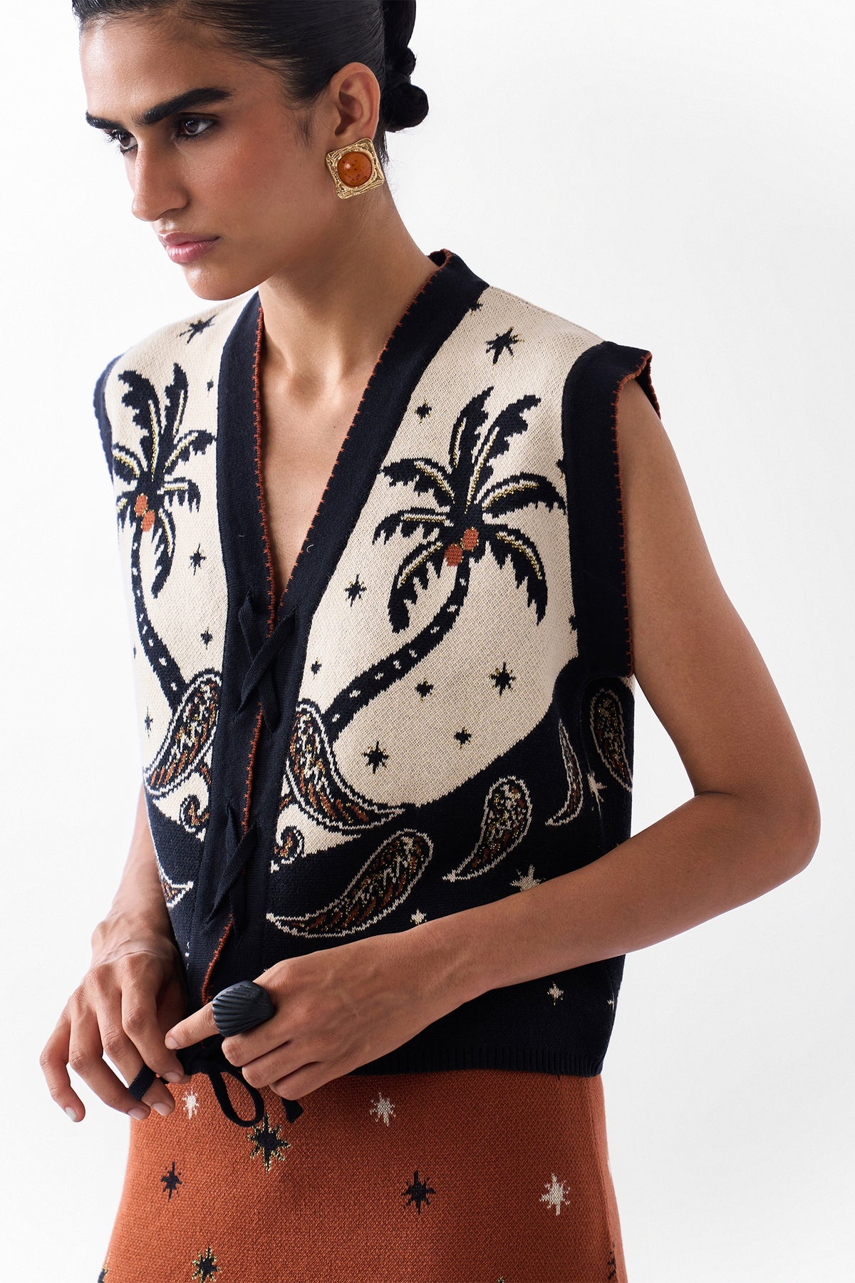 NOIB Lola Vest Nocturnal Jungle Multicolour Knitted Waistcoat, three-quarter view