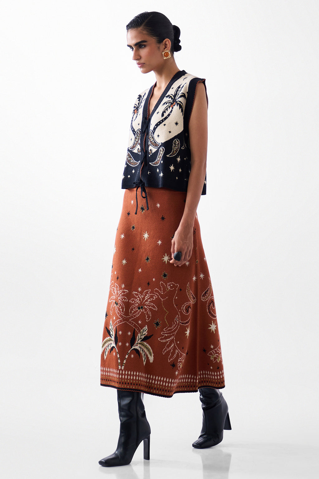 NOIB Lola Vest Nocturnal Jungle Multicolour Knitted Waistcoat, full length front view
