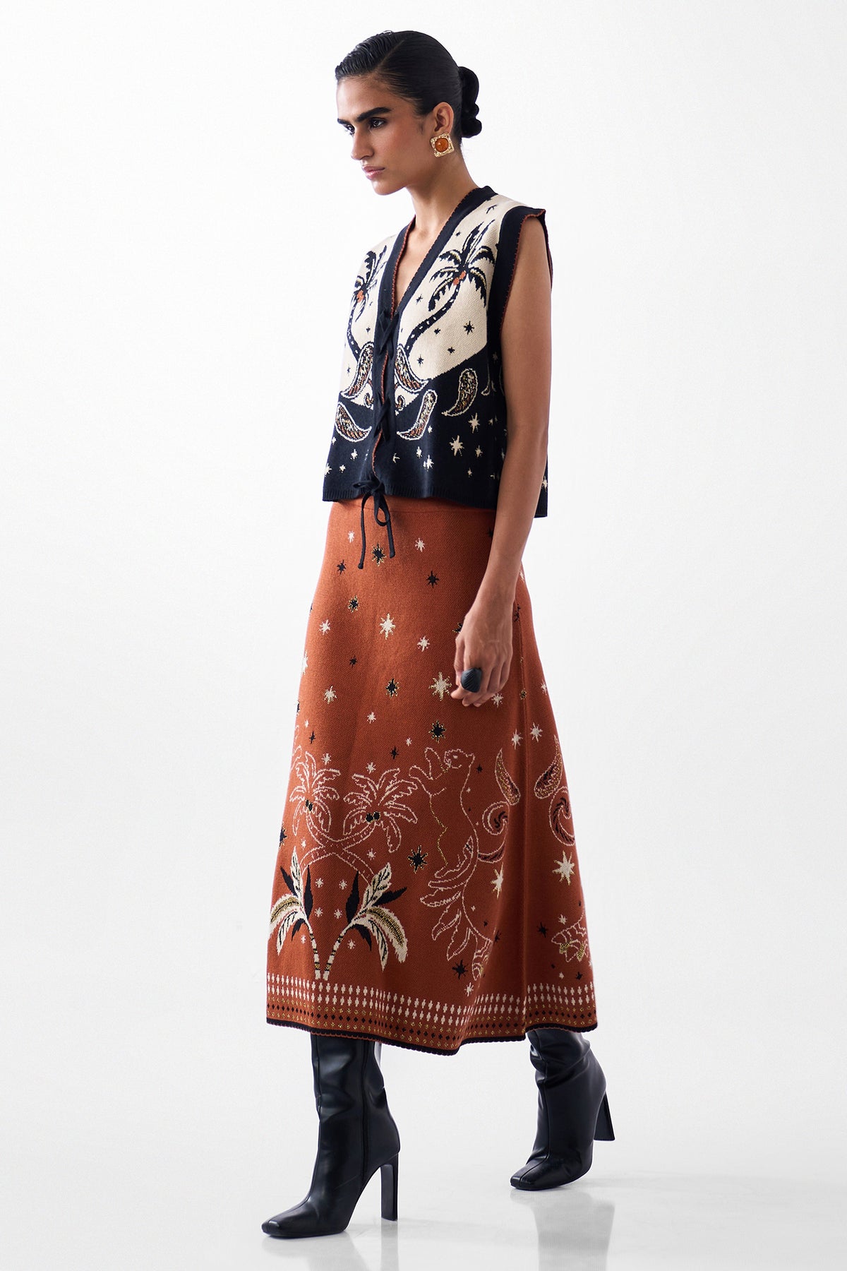 NOIB Lola Vest Nocturnal Jungle Multicolour Knitted Waistcoat, full length front view
