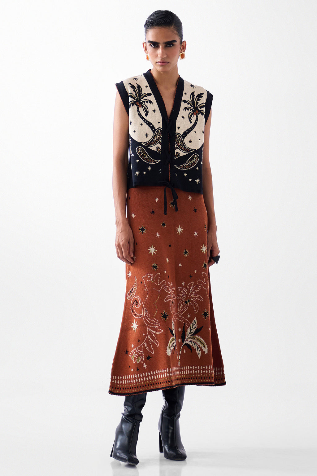 NOIB Lola Vest Nocturnal Jungle Multicolour Knitted Waistcoat, styled with a skirt