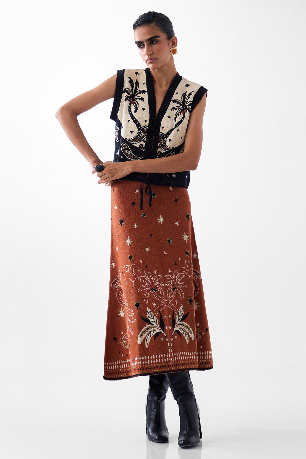 NOIB Lola Vest Nocturnal Jungle Multicolour Knitted Waistcoat, styled full length