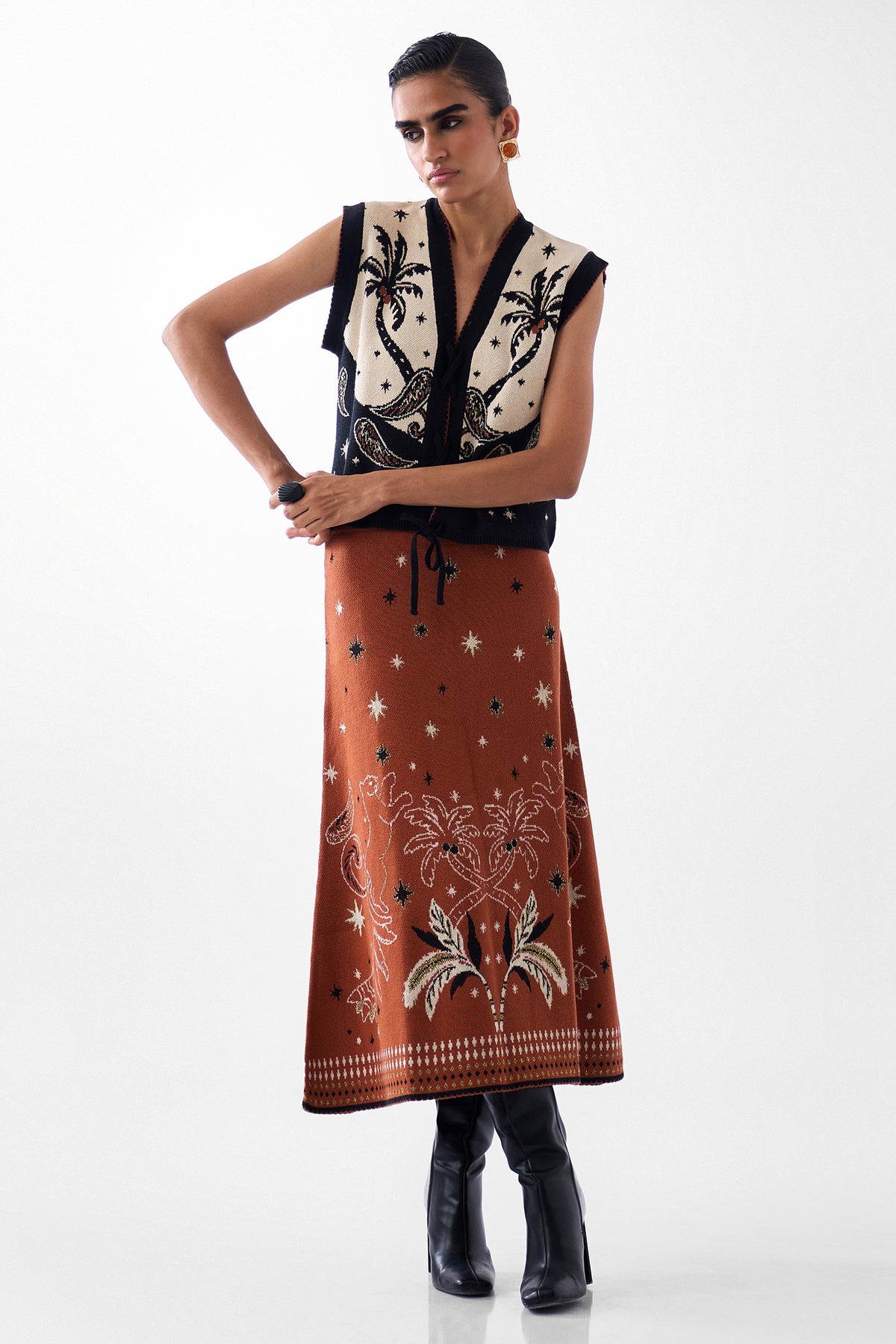 NOIB Lola Vest Nocturnal Jungle Multicolour Knitted Waistcoat, styled full length