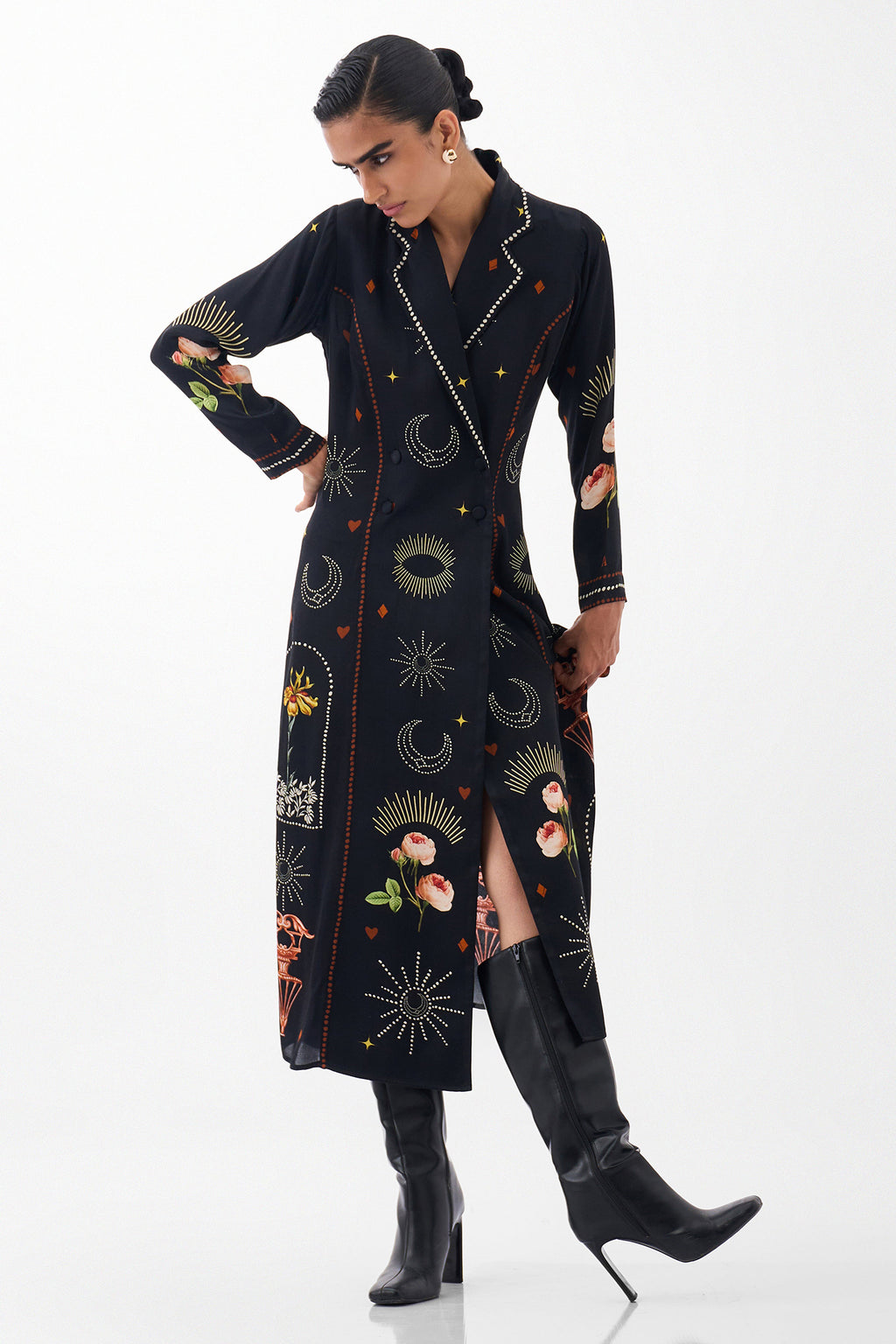 NOIB Willow Maxi Postcards and Petals Navy Dress, styled with boots